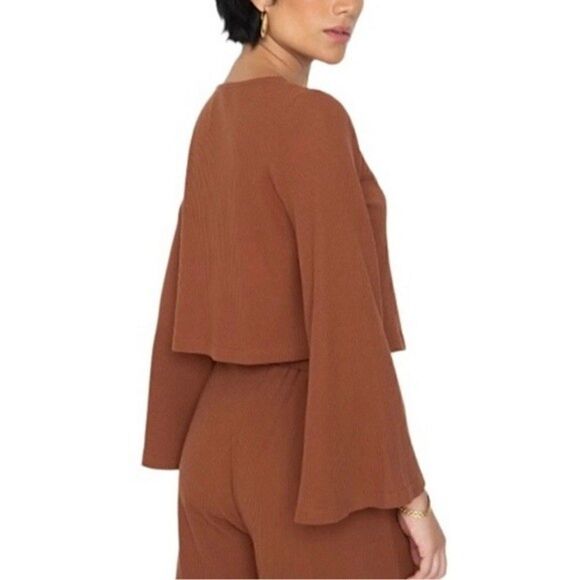 Anthropologie Callahan Open Front Ring Bell Sleeve Ribbed Vera Top Coco Mocha M - Picture 3 of 16